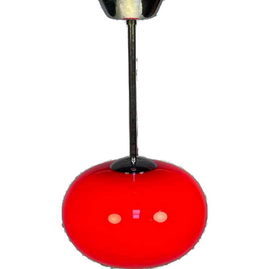 Glazen Rode Hanglamp Met Chromen Armatuur, 1980's 1
