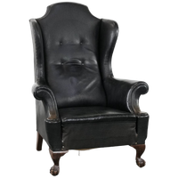 Grote Antieke Zwarte Engelse Rundleren Oorfauteuil Uit Eind 19e Eeuw Met Een Luxe Uitstraling