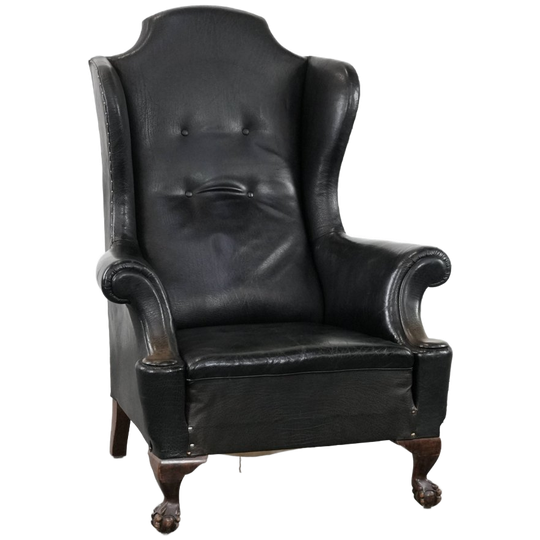 Grote Antieke Zwarte Engelse Rundleren Oorfauteuil Uit Eind 19e Eeuw Met Een Luxe Uitstraling 1