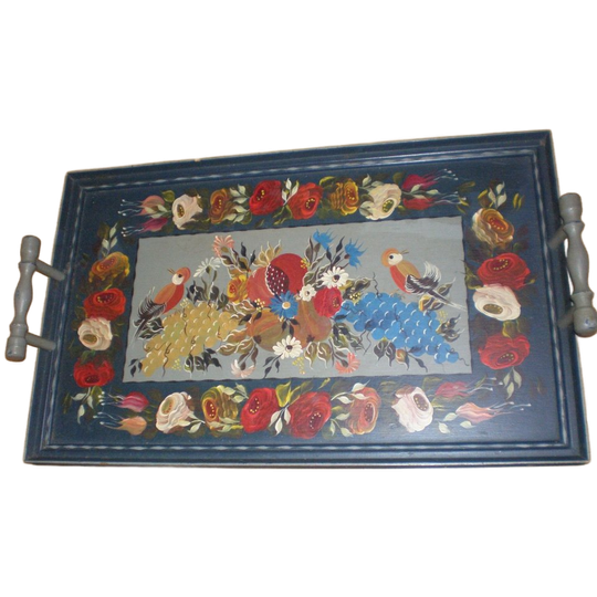 Grote Vintage Houten Dienblad 54x32 Cm Bloemen Desing 1