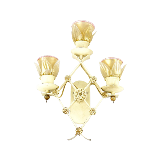 Vintage Cast Iron Wall Lamp Met Bloemenglazen Tinten, Mid Century Sconce, Wrought Iron 1