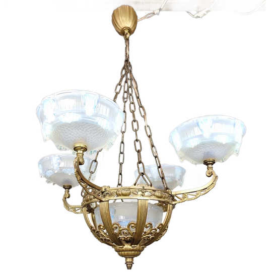 Antieke Brozen Luster Met Ezan Glas 1