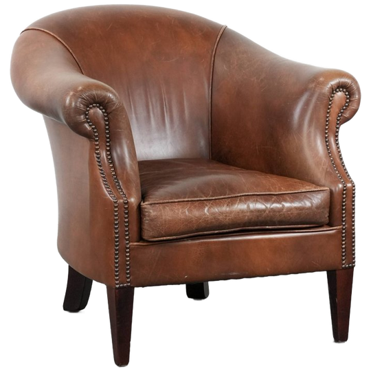 Mooie, Comfortabele, Cognac Kleurige Vintage Rundleren Clubfauteuil In Engelse Stijl Met Karaktervolle Uitstraling 1
