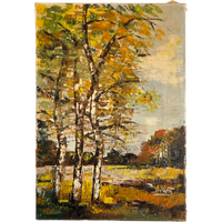 50s Vintage Schilderij. 50er Jaren. Bomenrij Waterkant.