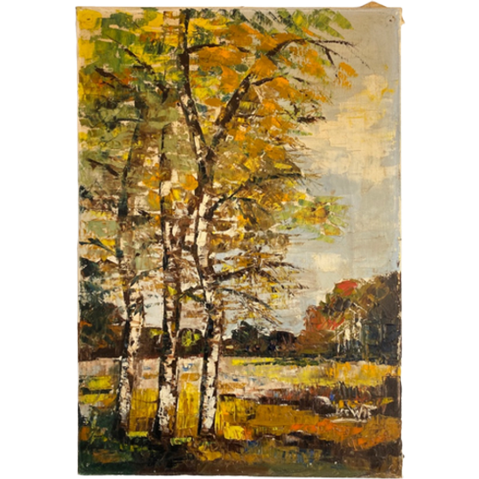 50s Vintage Schilderij. 50er Jaren. Bomenrij Waterkant. 1
