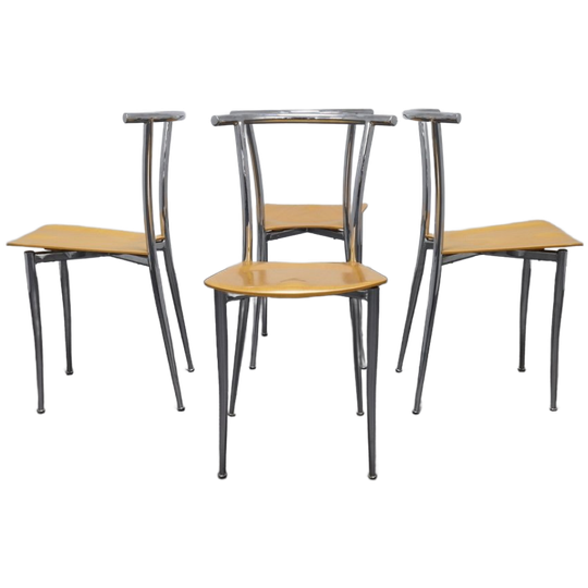 4x Postmoderne Eetkamerstoel Chrome & Plywood Segis, 90s 1