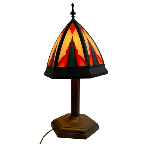 Art Deco / Amsterdam School - Stained Glass Table Lamp - Bronze Base - In The Style Of Tuschinski