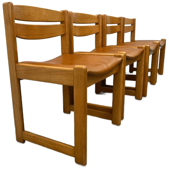 4x Vintage Licht Eiken Stoelen, Rundleren Zitting, Cognac. 1