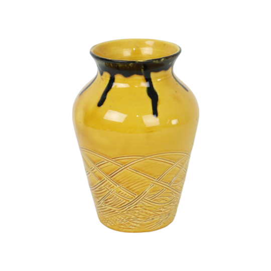 Kleine Vintage Geglazuurde Vaas Geel Oranje Zwart Patroon Reliëf Jaren 70 1