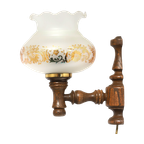 Vintage Wandlamp In Hout, Messing Met Mondgeblazen Glazen Kap. thumbnail 1