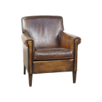 Subtiele, Stoere, Donkere En Strak Afgewerkte Schapenleren Fauteuil/armchair Met Veel Karakter thumbnail 1