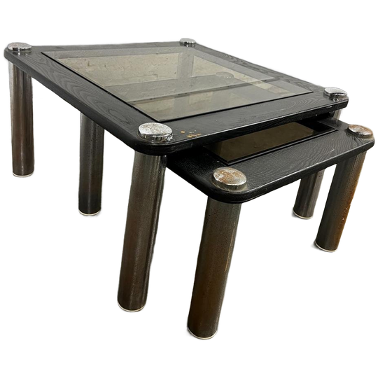 Set Van 2 Vintage Nesting Tables : Hout & Chromé & Fumé 1