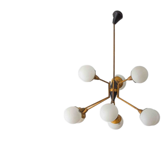 Mid-century Italiaanse Bollen Luster In Messing En Melkglas 1