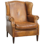 Geweldige, Karaktervolle Vintage Schapenleren Oorfauteuil Met Een Mooi Patina thumbnail 1