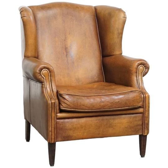 Geweldige, Karaktervolle Vintage Schapenleren Oorfauteuil Met Een Mooi Patina 1