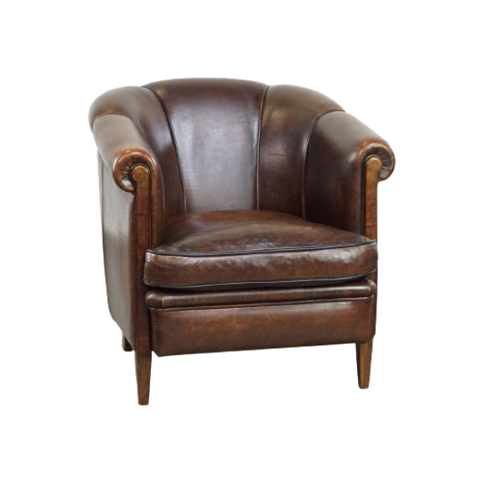 Donkere Schapenleren Clubfauteuil Met Bijzonder Gevormde Armleuningen 1