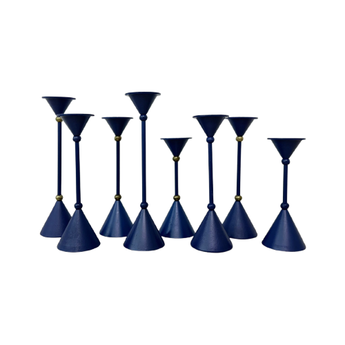 Set Of 8 Blue Memphis Style Candle Sticks , 1980S