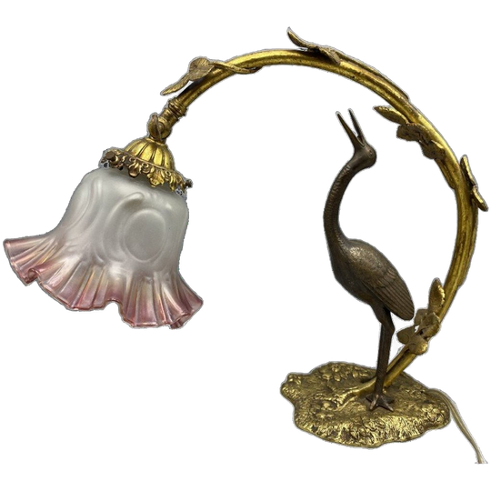 Antieke Art Nouveau Tafellamp – Kraanvogel & Bladerenboog 1