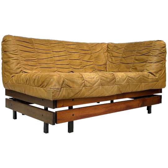 Vintage Bank Sofa Cognac Bruin, Klein Model Slatted Jaren 70 1