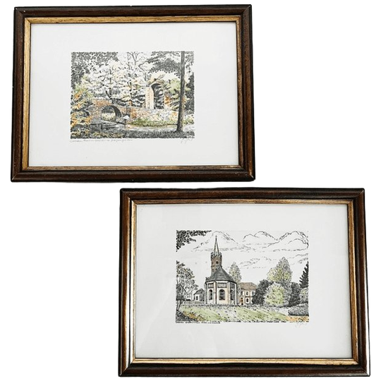 Vintage Ingelijste Ets Met Aquarel Ingekleurd Schilderijtjes Duitsland Landschap Kerk 1990’s 1