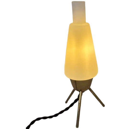 Atomic Age / Mid Century Modern - Tripod Lamp With White Satin Glass Shade On Brass Feet 1