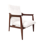 Vintage Teak Houten Fauteuil Creme Beige Stof Nieuwe Stof thumbnail 1