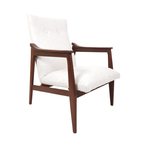 Vintage Teak Houten Fauteuil Creme Beige Stof Nieuwe Stof