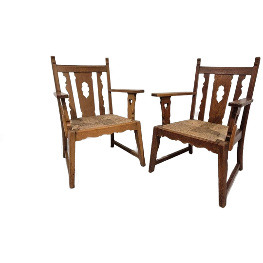 2 Brutalist Arts & Crafts Stijl Eiken Fauteuils 1