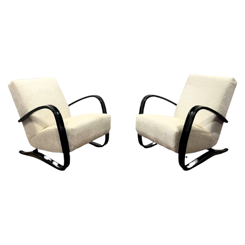 Set Of Unique Vintage H-269 Chairs By J. Halabala, Refurbished In White Boucle