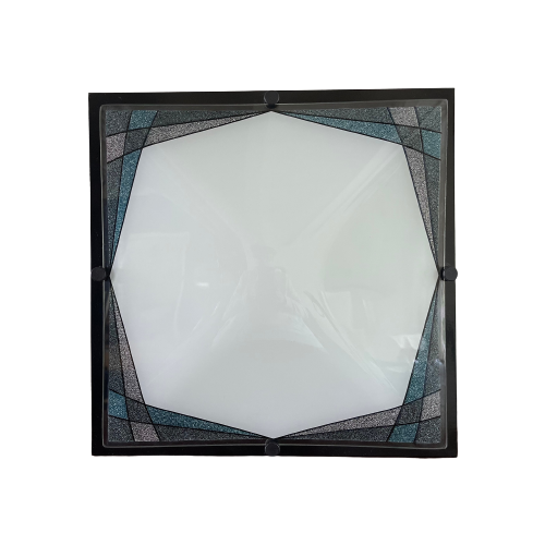 Memphis Stijl Plafondlamp, Zwart Metaal Met Glas En Strakke Lijnen- Jaren 80 Lamp