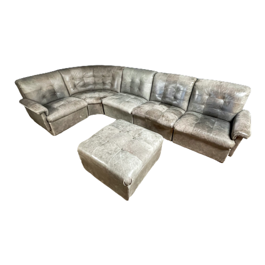 Vintage Mid-century Design Grijs Leren Patchwork Modulaire Hoekbank – Jaren 70 1