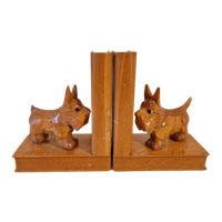 50's 2 Houten Boekensteunen Met Houtsnijwerk Hondjes Terrier