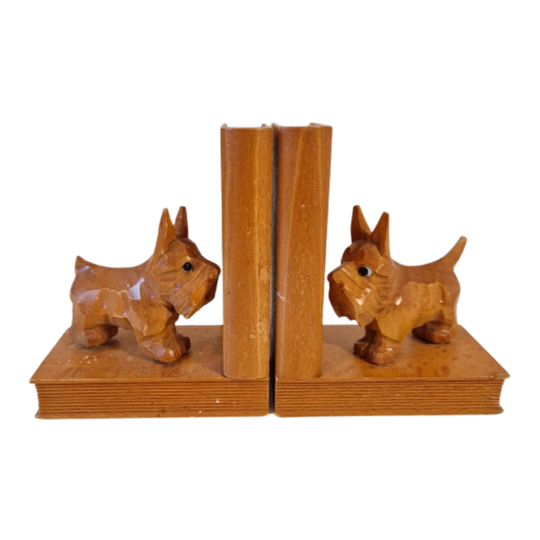 50's 2 Houten Boekensteunen Met Houtsnijwerk Hondjes Terrier 1