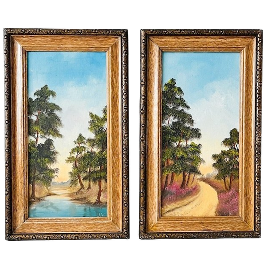 Set Vintage Bos Olieverfschilderijtjes Bomen Landschap 1