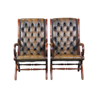 Set Van 2 Sierlijke En Karaktervolle Groene Vintage Rundleren Engelse Chesterfield Fauteuils