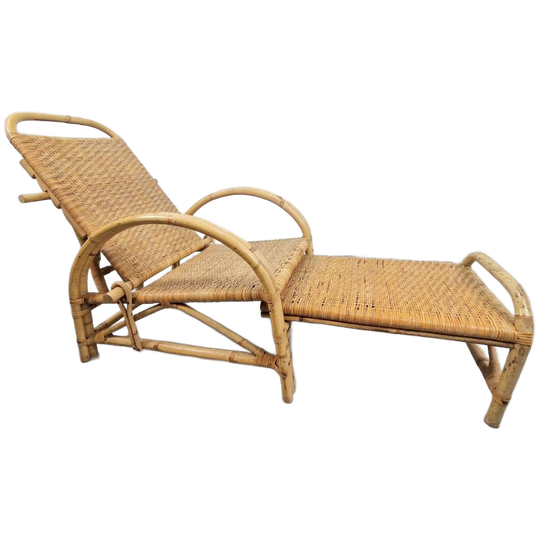 Vintage Boho Rotan Ligstoel Lounge Chair '60 Verstelbaar 1