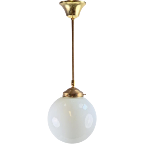 Vintage Art Deco Bol Hanglamp Schoollamp Messing Stang ‘50