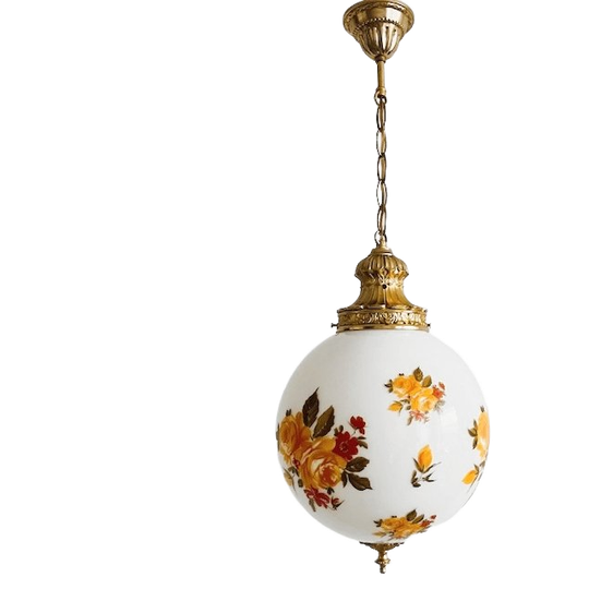 Vintage Messing Barok Hanglamp Melkglas Bol Bloemen 1970’s 1