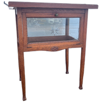 Antiek Eiken Theekastje Met Los Dienblad, Stergeslepen Glas, 78 Cm Hoog