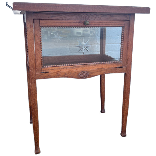 Antiek Eiken Theekastje Met Los Dienblad, Stergeslepen Glas, 78 Cm Hoog 1