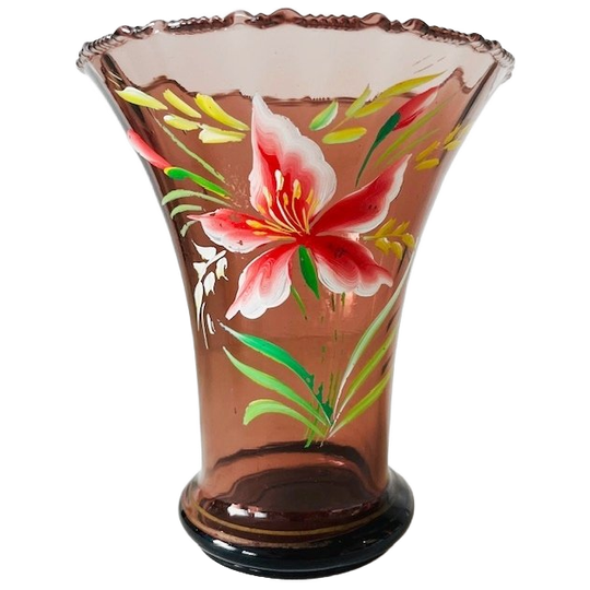 Artdeco Vaas Roze Glas Met Handgeschilderde Bloemen 1930’s 1