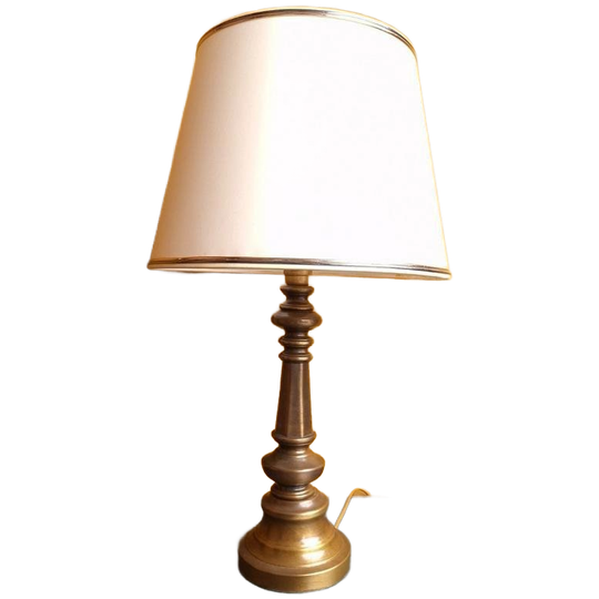 Vintage Schemerlamp, Tafellamp Op Messing Voet En Lichte Kap 1