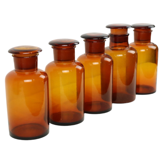 Grote Oude Apotheker Medische Flessen Potten Set Bruin Amber Glas 1