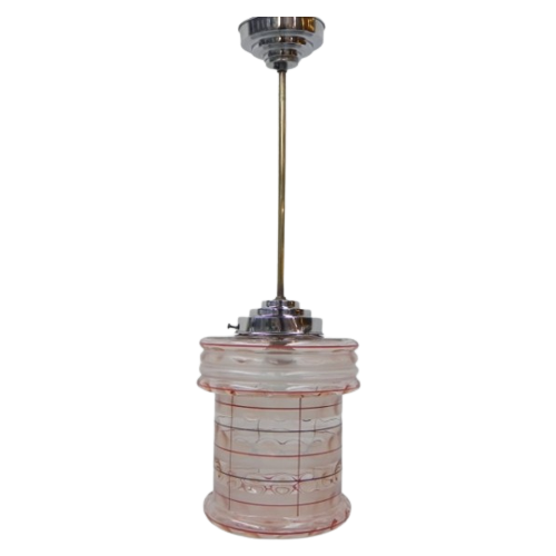 Art Deco Hanglamp Met Roze Glazen Kap
