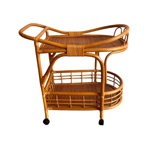 Rotan Bamboe Trolley Bar Cart Serveerwagen Vintage