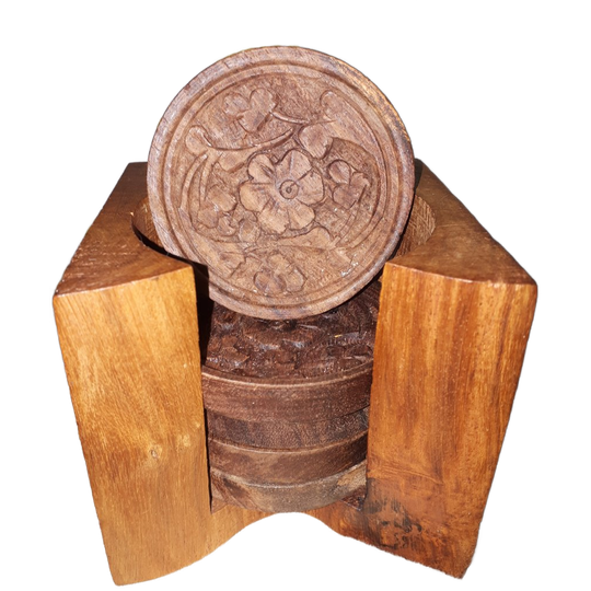 6 Vintage Sandelhouten Indiase Onderzetters In Houder 1
