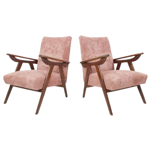 Vintage Fauteuils Teakhout | Roze Rib Stof Nieuw Setprijs