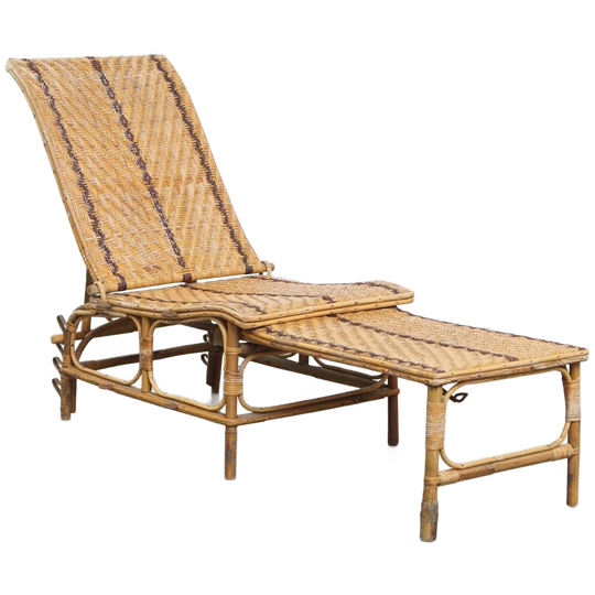 Geweldige Brocante Inklapbare Vintage Franse Rotan Lounge Fauteuil/ Deckchair 1