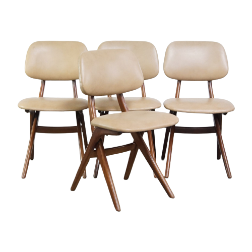 Set Van 4 Teakhouten Jaren ’60 Vintage Design Scissor Chairs Van Louis Van Teeffelen