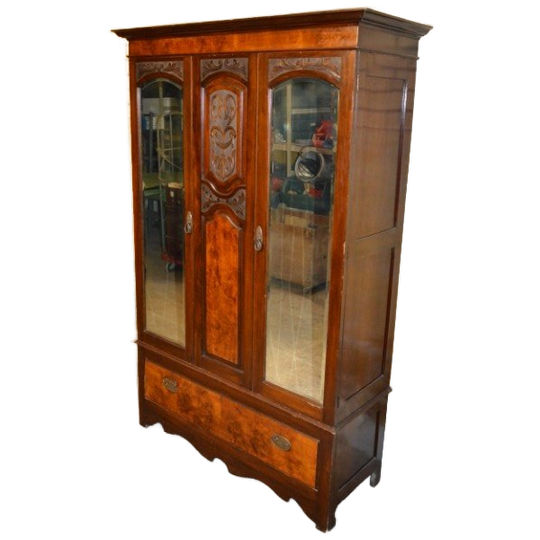 Antieke Garderobekast Van Massief Mahoniehout Met Wortelnotenhout En Facetrand Spiegels 1